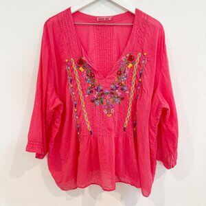 Johnny Was Embroidered Blouse Top Pink Boho Bohemian Pink Flawed Plus Size 2X